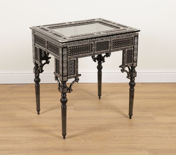 AN EARLY 20TH CENTURY MOORISH DESIGN BONE INLAID HARDWOOD BIJOUTERIE TABLE WITH BOBBIN TURNED DECORATION