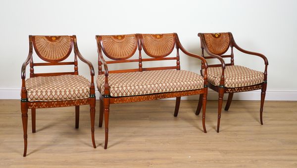 A GEORGE III STYLE POLYCHROME PAINTED THREE PIECE BERGERE SUITE (3)