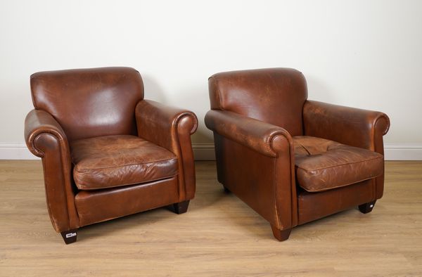 LAURA ASHLEY; A PAIR OF MODERN TAN LEATHER UPHOLSTERED EASY ARMCHAIRS ON TAPERING BLOCK SUPPORTS (2)