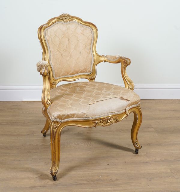 A 19TH CENTURY FRENCH GILT FRAMED OPEN ARMCHAIR