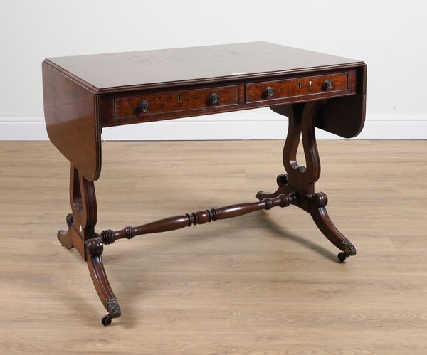 A GEORGE III MAHOGANY TWO DRAWER SOFA TABLE ON DUAL LYRE SUPPORTS