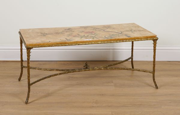 A MID 20TH CENTURY BRASS RECTANGULAR COFFEE TABLE WITH LACQUERED JAPANESE PANEL INSET TOP