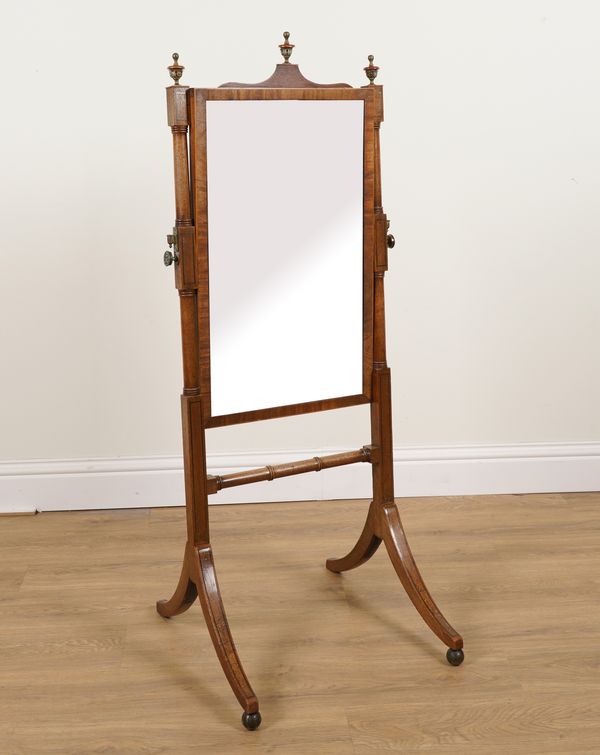 A SMALL REGENCY INLAID MAHOGANY CHEVAL MIRROR