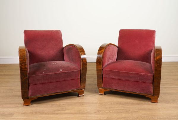 A PAIR OF ART DECO BURR WALNUT FRAMED EASY ARMCHAIRS  (2)