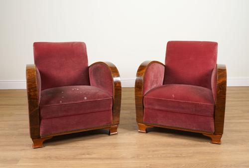 A PAIR OF ART DECO BURR WALNUT FRAMED EASY ARMCHAIRS  (2)