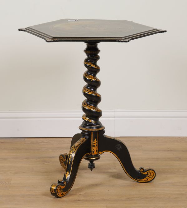 A VICTORIAN PARCEL GILT EBONISED SNAP TOP TRIPOD CENTRE TABLE, THE HEXAGONAL TOP WITH POLYCHROME PAINTED LANDSCAPE SCENE