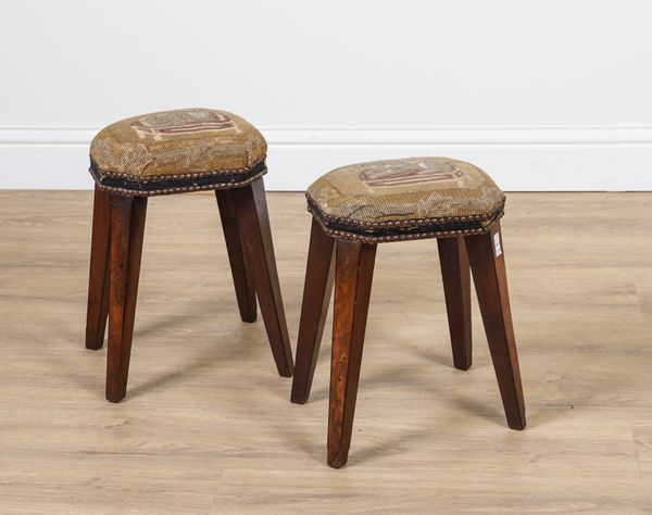 A PAIR OF SMALL MAHOGANY FRAMED CANTED RECTANGULAR STOOLS (2)