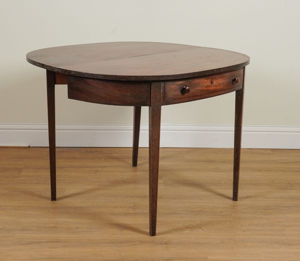 A GEORGE III MAHOGANY D-SHAPED FOLD-OVER TEA TABLE WITH SINGLE FRIEZE DRAWER