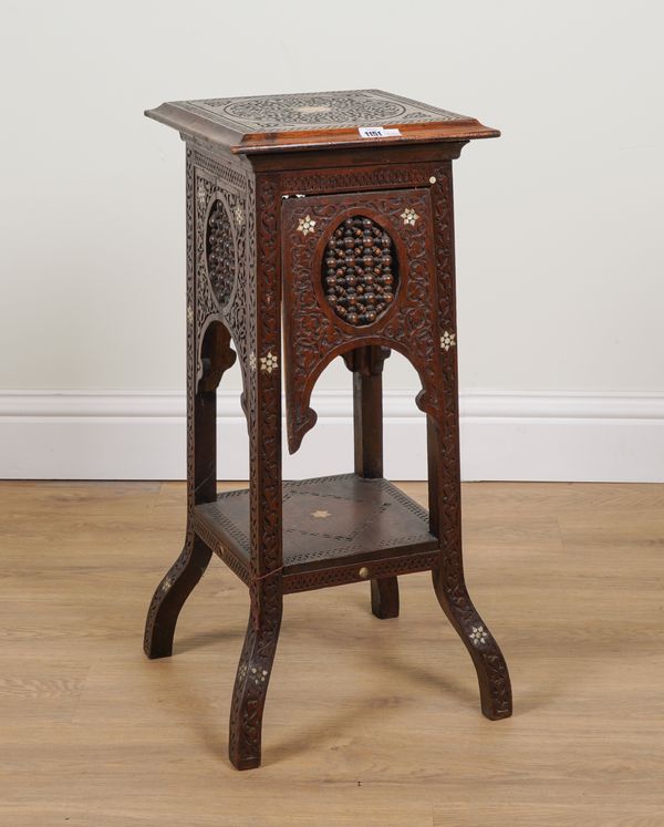 AN EARLY 20TH CENTURY MOORISH BONE INLAID HARDWOOD SQUARE TWO TIER OCCASIONAL TABLE