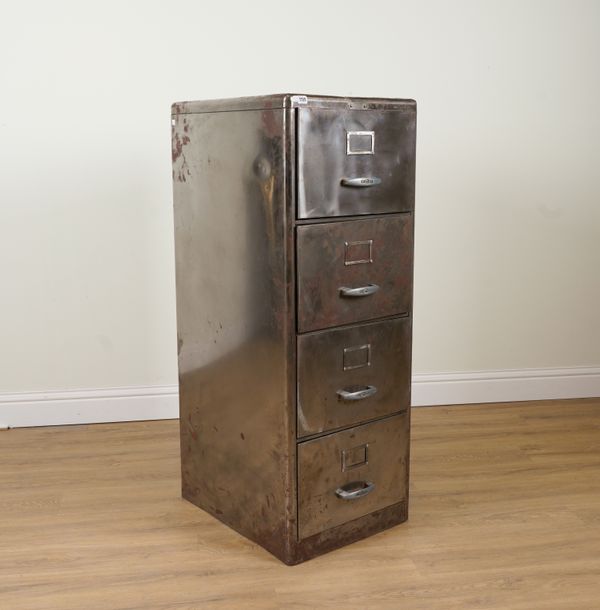 MILNERS; A POLISHED STEEL FOUR DRAWER FILING CABINET