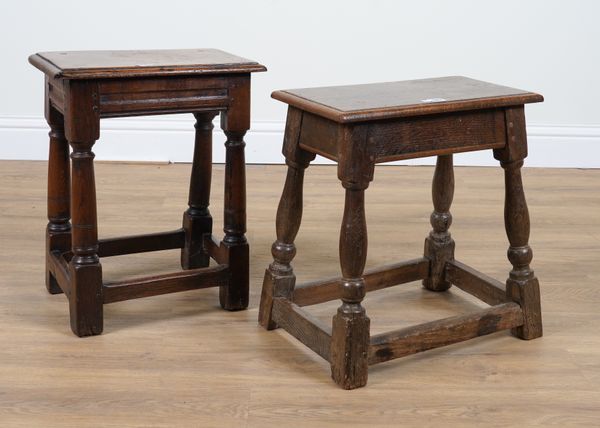 A 17TH CENTURY OAK JOIN STOOL ON BALUSTER TURNED SUPPORTS (2)