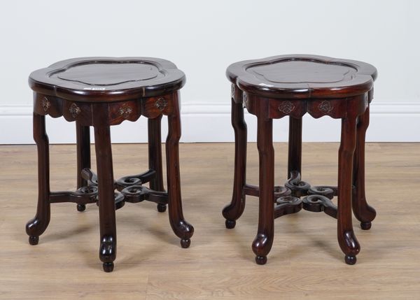 A PAIR OF CHINESE LATE 19TH CENTURY SHAPED CIRCULAR HARDWOOD JARDINIERE TABLES, EACH WITH FIVE SPLAYED SUPPORTS (2)