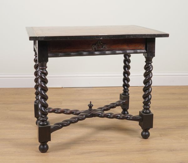 AN 18TH CENTURY PORTUGUESE CROSSBANDED ROSEWOOD SINGLE DRAWER SIDE TABLE ON BARLEY TWIST SUPPORTS