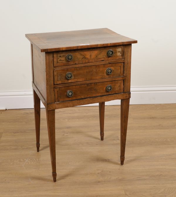 AN 18TH CENTURY ITALIAN FIGURED WALNUT THREE DRAWER SIDE CABINET ON TAPERING SQUARE SUPPORTS