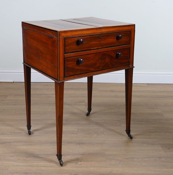 A GEORGE III SATINWOOD BANDED MAHOGANY FOLD-OUT WASHSTAND WITH FITTED INTERIOR