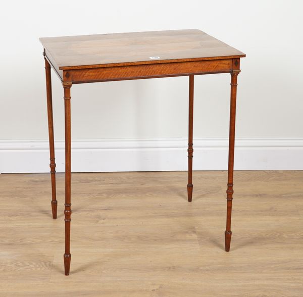 A GEORGE III ROSEWOOD BANDED INLAID MAHOGANY RECTANGULER OCCASIONAL TABLE ON TURNED SUPPORTS