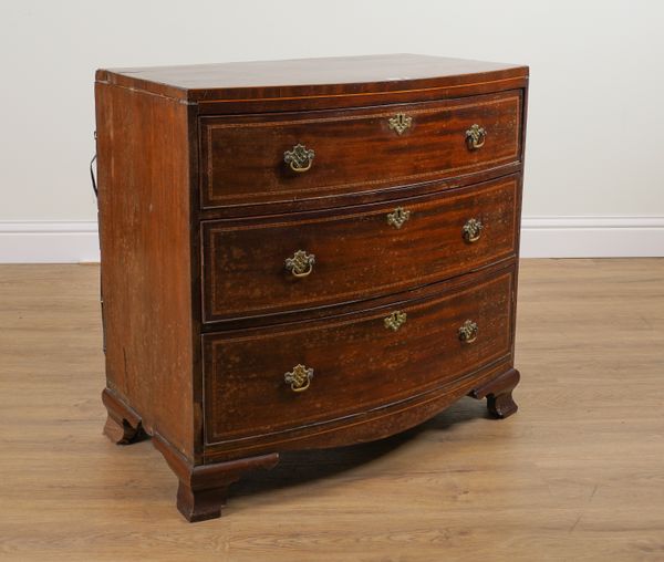 A 19TH CENTURY INLAID MAHOGANY BOWFRONT THREE DRAWER CHEST OF DRAWERS