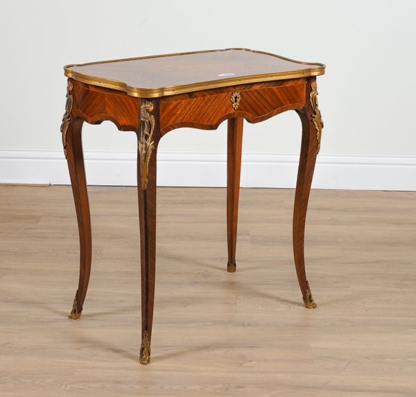 A LATE 19TH CENTURY FRENCH GILT METAL MOUNTED FLORAL MARQUETRY INLAID MAHOGANY AND KINGWOOD SINGLE DRAWER SIDE TABLE