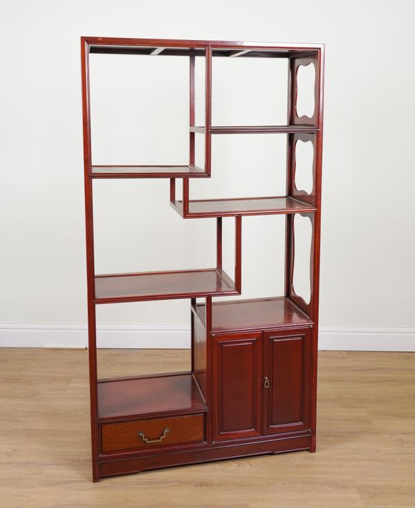 A 20TH CENTURY CHINESE HARDWOOD MULTI-TIERED SIDE CABINET