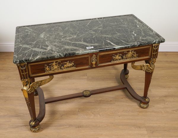 A FRENCH EMPIRE REVIVAL MARBLE TOPPED CENTRE TABLE ON GILT METAL MOUNTED MAHOGANY TWO DRAWER BASE, CIRCA 1900