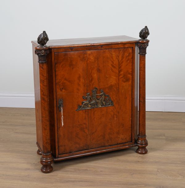 A 19TH CENTURY FRENCH GILT METAL MOUNTED MAHOGANY SINGLE DOOR SIDE CABINET WITH FEMALE BUST MOUNTS