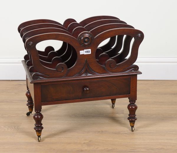 A 19TH CENTURY MAHOGANY SHAPED THREE DIVISION CANTERBURY WITH SINGLE DRAWER BASE