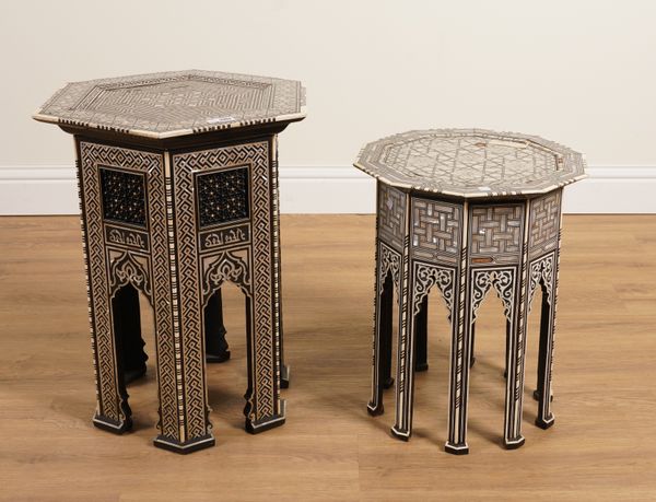 A 20TH CENTURY MIDDLE EASTERN MOTHER-OF-PEARL AND BONE INLAID OCTAGONAL OCCASIONAL TABLE (2)