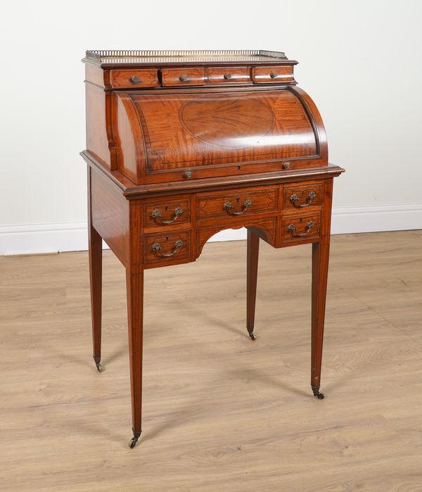 A LATE 19TH CENTURY MAHOGANY INLAID SATINWOOD CYLINDER BUREAU WITH FITTED SLIDE-OUT INTERIOR