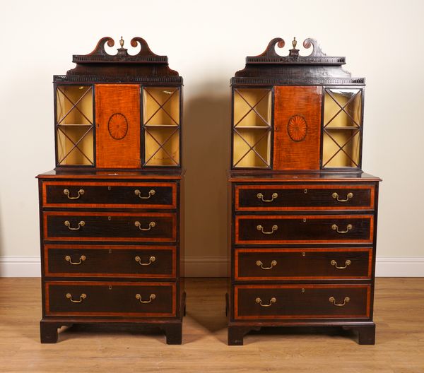 A PAIR OF 19TH CENTURY CROSSBANDED MAHOGANY DISPLAY CABINET CHESTS WITH FOUR DRAWER BASE (2)