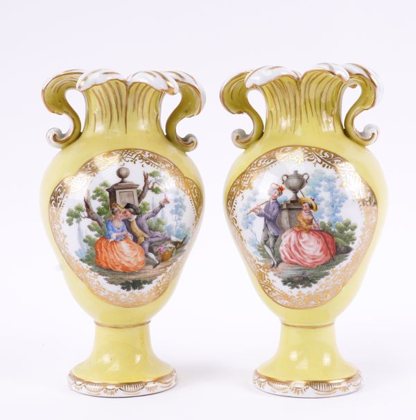 A PAIR OF BERLIN PORCELAIN YELLOW-GROUND VASES (2)