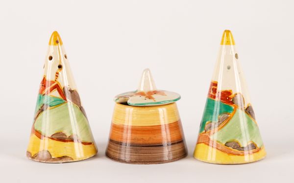 A CLARICE CLIFF `SECRETS' PATTERN CONDIMENT SET