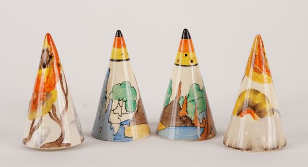 TWO PAIRS OF CLARICE CLIFF CONICAL SALT AND PEPPERS (4)