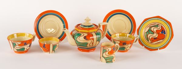 A GROUP OF CLARICE CLIFF FANTASQUE `SUNRISE' PATTERN TEA WARES