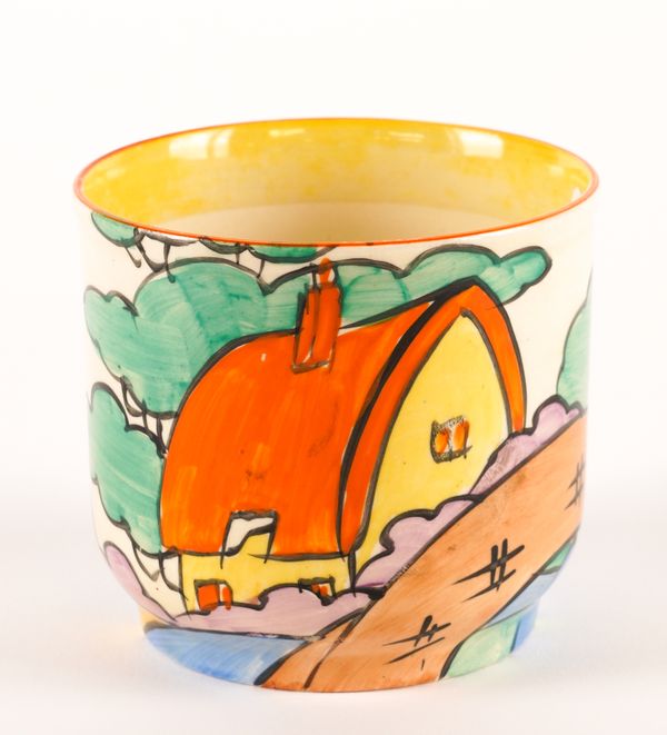 A CLARICE CLIFF FANTASQUE `ORANGE ROOF COTTAGE' PATTERN FERN POT