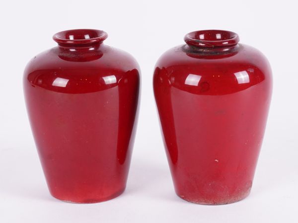 A NEAR PAIR OF BERNARD MOORE MINIATURE FLAMBE- GLAZED VASES (2)