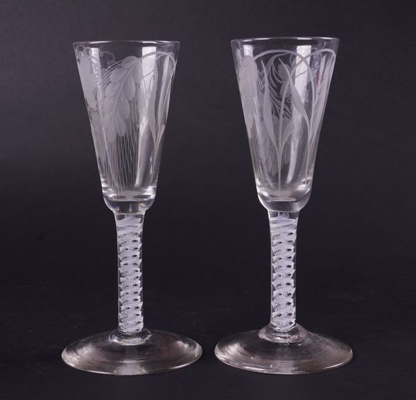 A PAIR OF ENGRAVED OPAQUE TWIST ALE GLASSES (2)