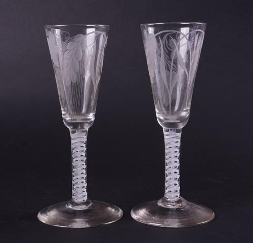 A PAIR OF ENGRAVED OPAQUE TWIST ALE GLASSES (2)