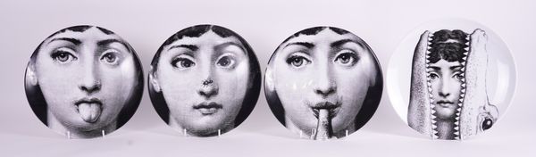 FOUR FORNASETTI BLACK AND WHITE PRINTED PLATES FROM THE `TEMA E VARIAZONI' ( THEMES AND VARIATIONS SERIES)