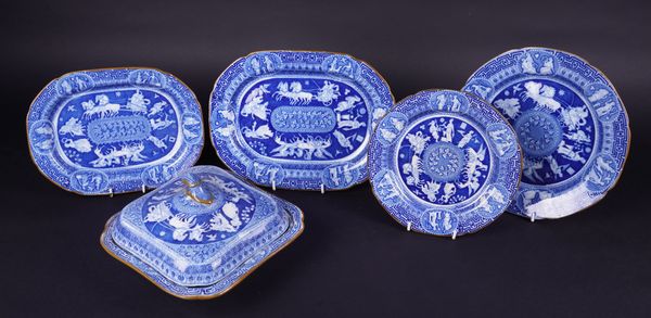 A HERCULANEUM BLUE AND WHITE PEARLWARE `GREEK' PATTERN PART DINNER SERVICE