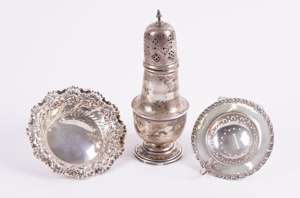 A SILVER SUGAR CASTER AND TWO FURTHER ITEMS