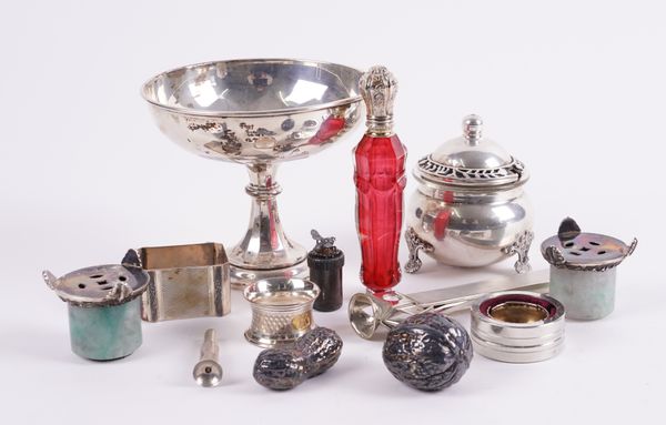 A SILVER PEDESTAL BOWL AND A GROUP OF SILVER, FOREIGN AND PLATED WARES (14)