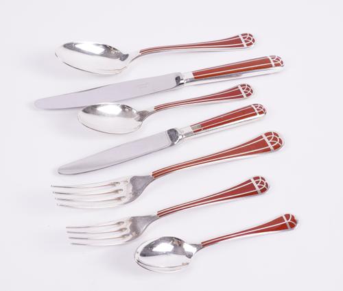 A FRENCH SILVER PLATED AND PALE BROWN ENAMELLED PART TABLE SERVICE (QTY)