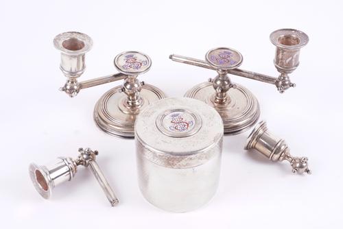 A RUSSIAN CYLINDRICAL JAR AND COVER AND A PAIR OF TWIN LIGHT CANDELABRA (3)