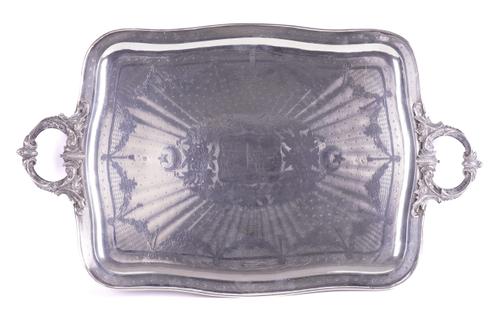 A MIDDLE EASTERN SHAPED RECTANGULAR TWIN HANDLED TRAY