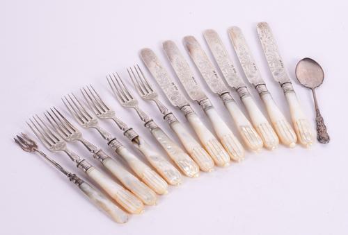 A SET OF SIX PAIRS OF VICTORIAN SILVER DESSERT OR FRUIT KNIVES AND FORKS AND TWO FURTHER ITEMS (14)