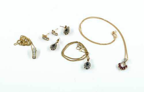 THREE GOLD AND GEM SET PENDANTS WITH NECKCHAINS  AND TWO PAIRS OF EARRINGS (5)
