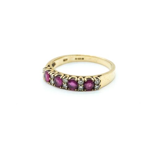 A 9CT GOLD, RUBY AND DIAMOND HALF HOOP RING