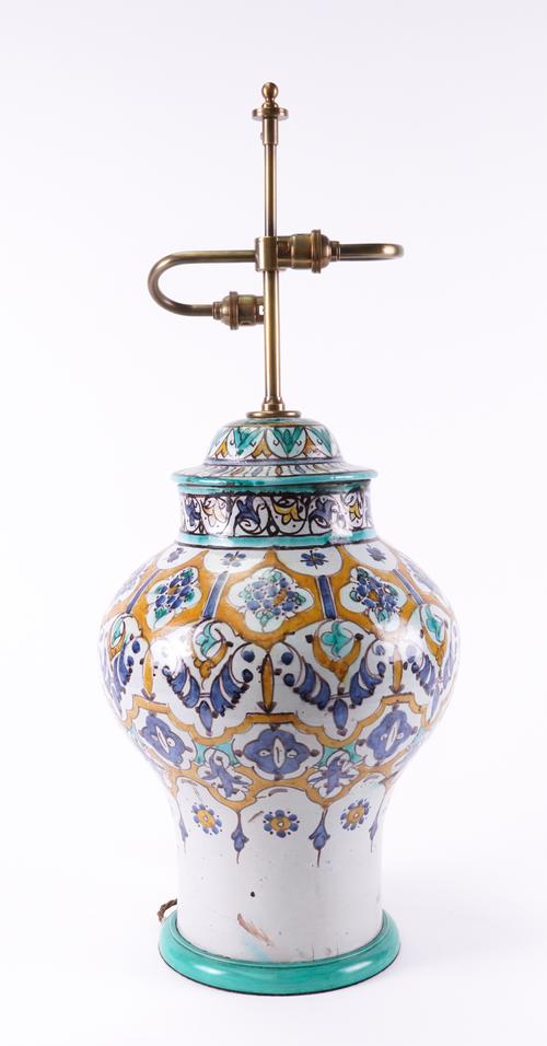 A NORTH AFRICAN POTTERY BALUSTER VASE LATER CONVERTED TO A TABLE LAMP