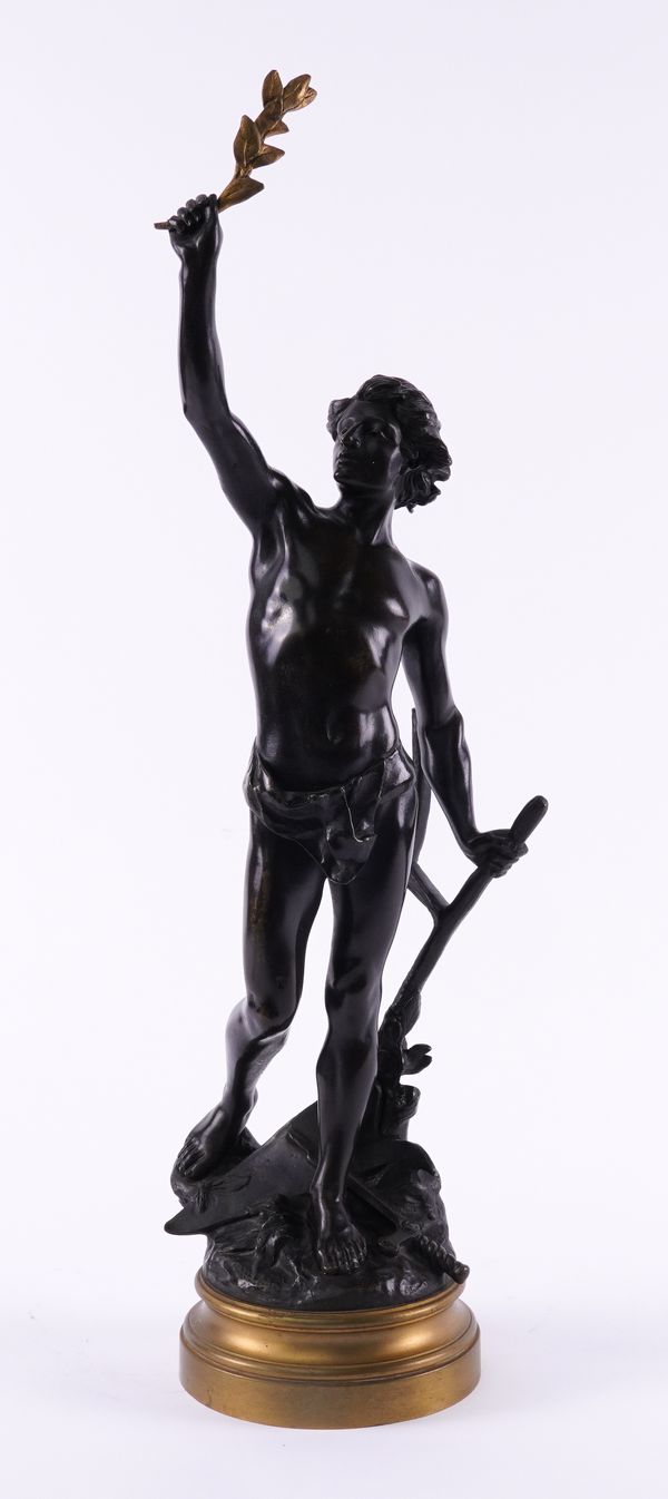 AFTER EDOUARD DROUET (FRENCH 1859-1945): A PATINATED BRONZE FIGURE OF PAX LABOR