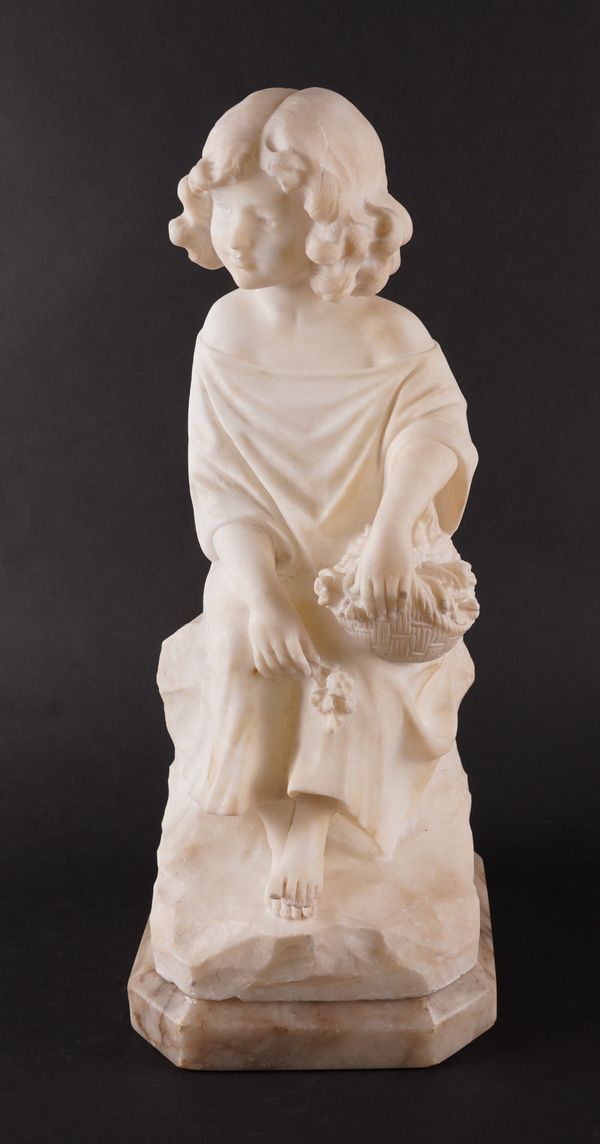 AN ITALIAN CARVED ALABASTER FIGURE OF A SEATED GIRL ON BASE